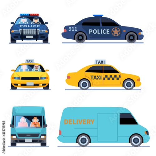 Car view. Delivery truck, police automobile and taxi auto side front viewing isolated urban drivers vector set