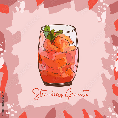 Fresh Strawberry Granita Sorbet Gelato sketch style image. Hand drawn vector illustration. Isolated menu design item
