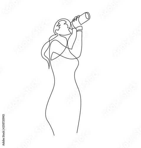 Woman drink water single ink pen line drawing