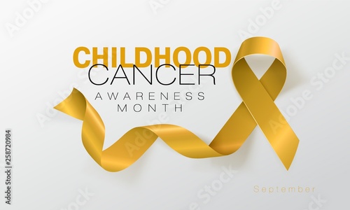 Childhood Cancer Awareness Calligraphy Poster Design. Realistic Gold Ribbon. September is Cancer Awareness Month. Vector