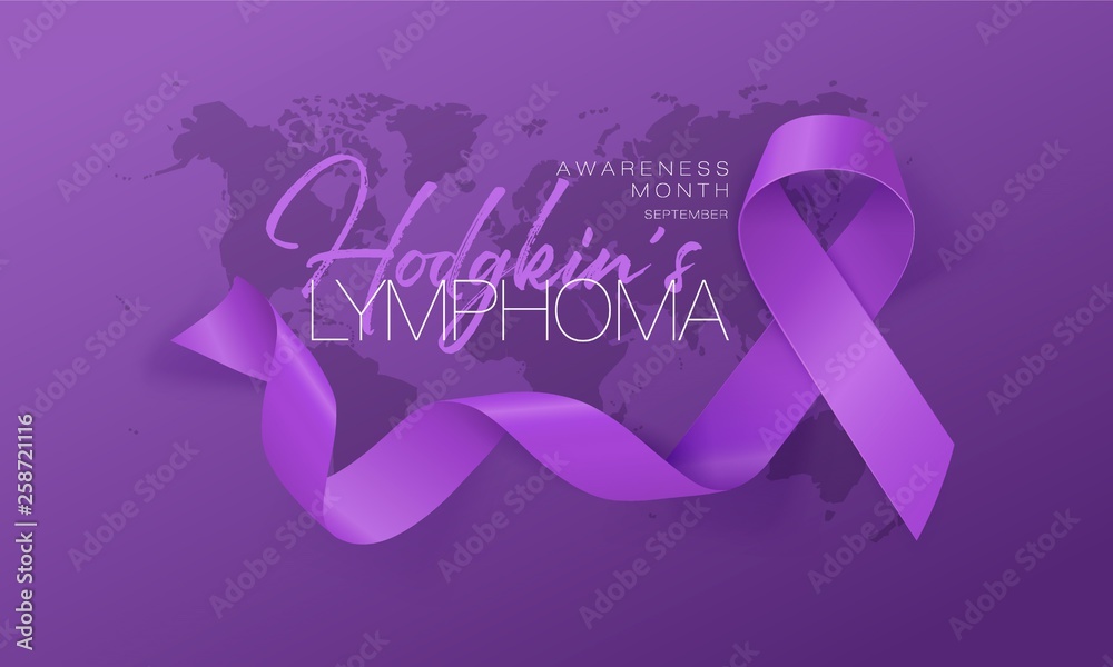 Hodgkin's Lymphoma Awareness Calligraphy Poster Design. Realistic Violet Ribbon. September is Cancer Awareness Month. Vector