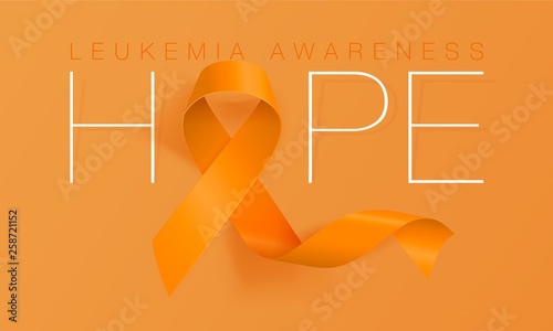 Hope. Leukemia Awareness Calligraphy Poster Design. Realistic Orange Ribbon. September is Cancer Awareness Month. Vector