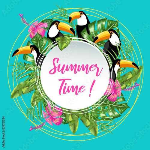 Invitation template for summer ad. Toucan bird and tropical leaves.Poster.