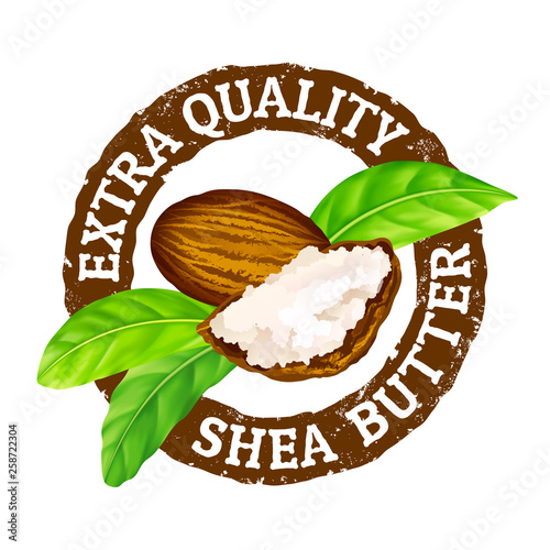 Vector grunge rubber stamp extra quality shea butter on a white background. Shea nuts, butter and green leaves leaves stamp icon.