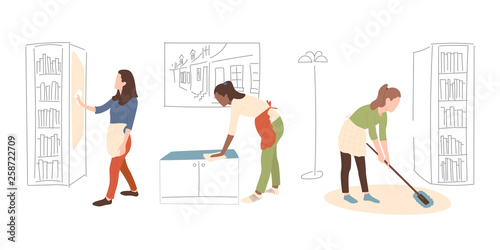 Cleaning service girl with rag wipe mirror