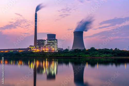 At dusk, the thermal power plants  , Cooling tower of nuclear power plant Dukovany 