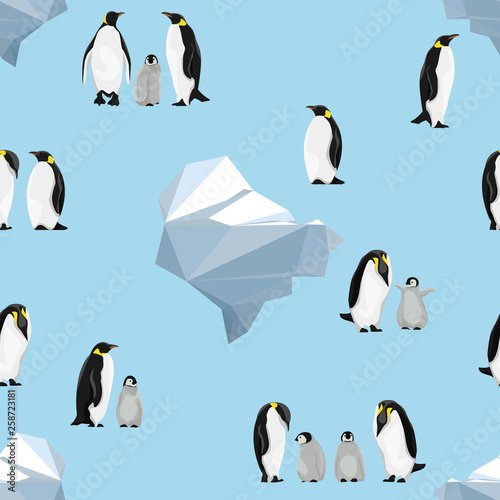 Seamless pattern. Emperor penguins on a blue background. Icebergs. Realistic birds of the Antarctic. Vector for packaging  paper  prints and cards