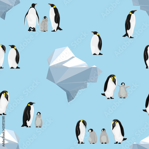 Seamless pattern. Emperor penguins on a blue background. Icebergs. Realistic birds of the Antarctic. Vector for packaging, paper, prints and cards