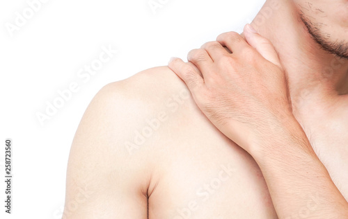 Closeup man hand holding shoulder with pain on white background