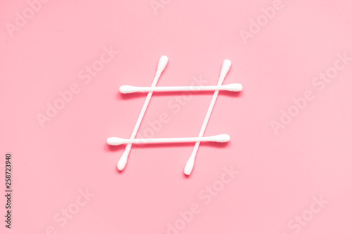 Hashtag symbol made from cotton swabs. Hygiene awareness.