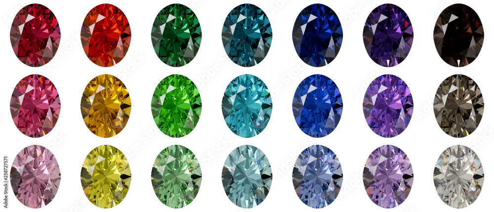 Set of multi colored oval cut diamonds isolated on white background Set of multi colored oval cut diamonds isolated on white background