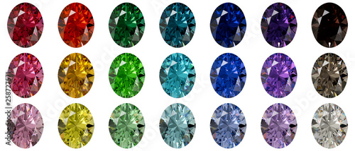 Canvastavla Set of multi colored oval cut diamonds isolated on white background