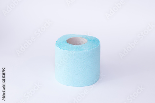 top view roll of blue toilet paper isolated on white background