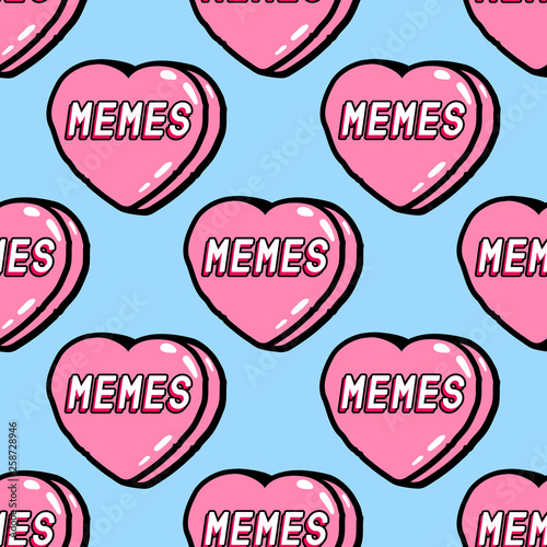 Seamless pattern with hearts with word "Memes" on it. Quirky funny cartoon comic style of 80-90s. Blue background.