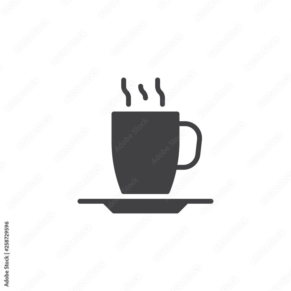 Hot coffee cup vector icon. filled flat sign for mobile concept and web design. Tea cup with saucer and steam glyph icon. Symbol, logo illustration. Pixel perfect vector graphics Hot coffee cup vector icon. filled flat sign for mobile concept and web design. Tea cup with saucer and steam glyph icon. Symbol, logo illustration. Pixel perfect vector graphics