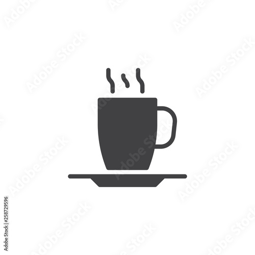 Hot coffee cup vector icon. filled flat sign for mobile concept and web design. Tea cup with saucer and steam glyph icon. Symbol  logo illustration. Pixel perfect vector graphics