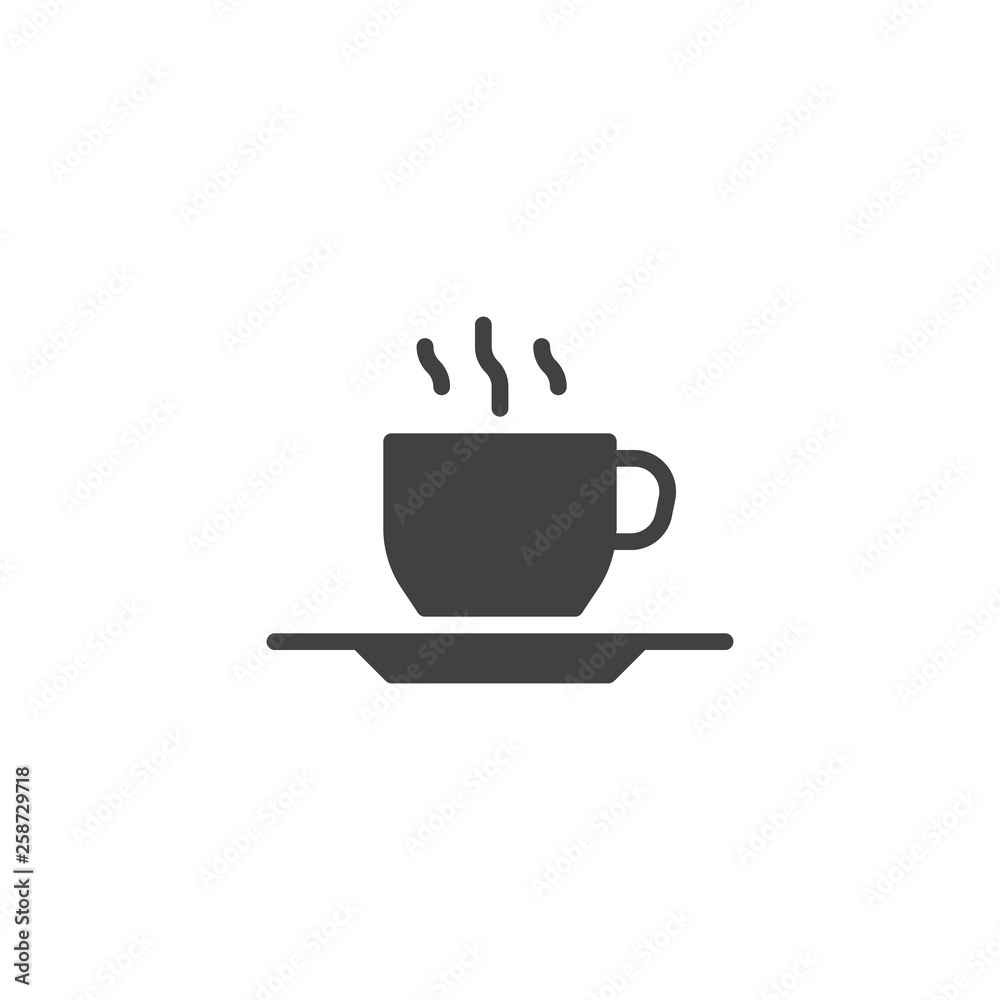 Hot coffee cup vector icon. filled flat sign for mobile concept and web design. Tea cup and saucer glyph icon. Symbol, logo illustration. Pixel perfect vector graphics Hot coffee cup vector icon. filled flat sign for mobile concept and web design. Tea cup and saucer glyph icon. Symbol, logo illustration. Pixel perfect vector graphics