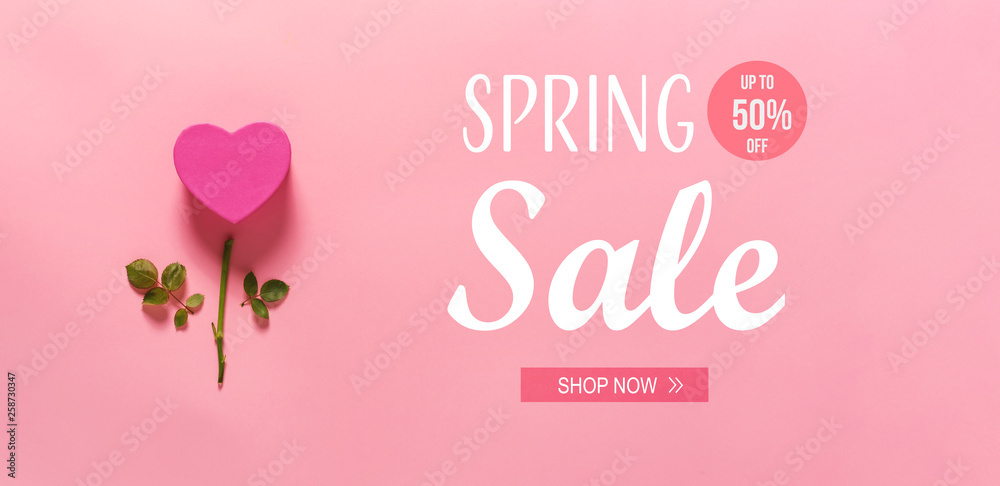 Spring sale message with heart flower top view flat lay