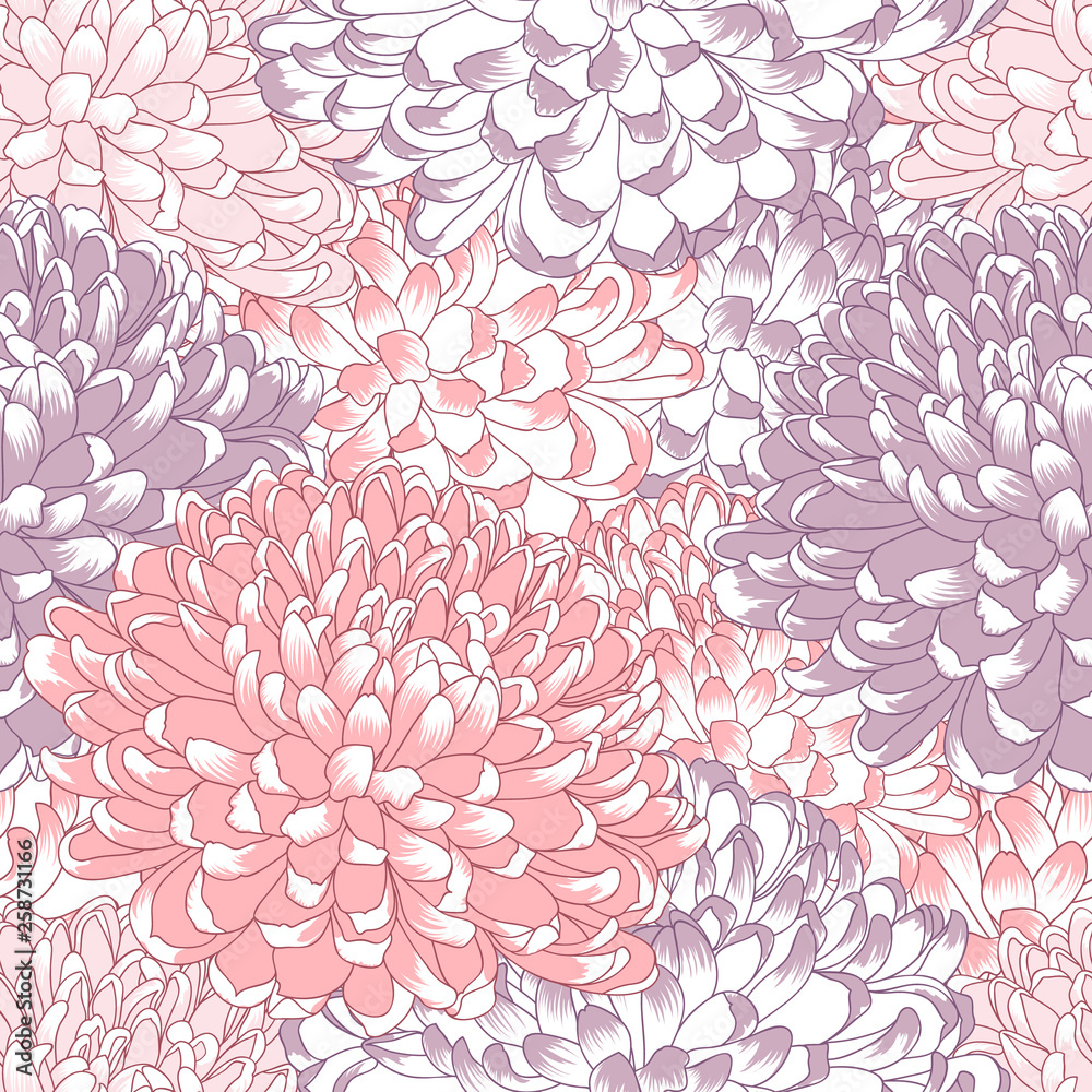 Obraz Seamless pattern with hand-drawn flowers of chrysanthemums.