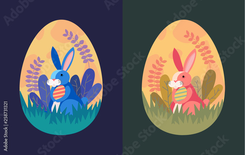 Easter illustration with bunny rabbit holding egg , plant, and egg hunt in the forest for banner, greeting card ,flat Design, decoration template vector/ - Vector