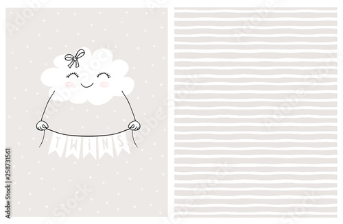 Lovely Gender Neutral Baby Shower Vector Card. Smiling White Fluffy Cloud Holding a Banner with the Inscription Twins.Cute Hand Drawn Cloud on a Light Gray Background.Irregular Stripped Vector Pattern