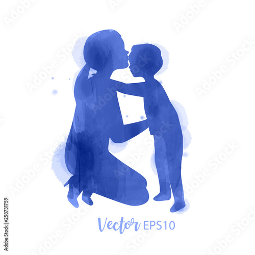 Double exposure illustration. Side view of Happy mom with son  silhouette plus abstract water color painted. Mother's day. Digital art painting.
