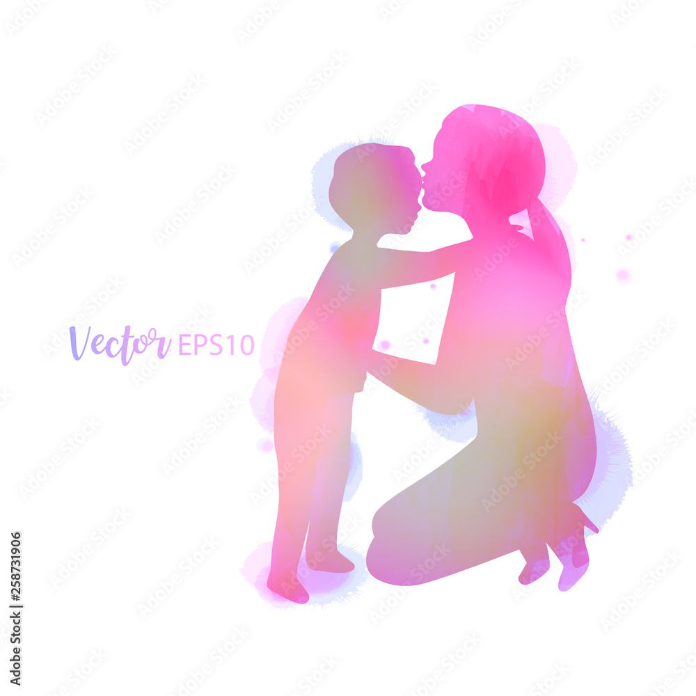 Double exposure illustration. Side view of Happy mom with son silhouette plus abstract water color painted. Mother's day. Digital art painting. Double exposure illustration. Side view of Happy mom with son silhouette plus abstract water color painted. Mother's day. Digital art painting.