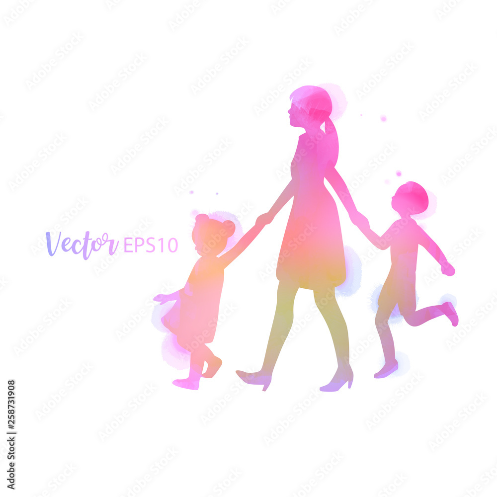 Parents having good time with their child. Happy family walking together isolated on white background. Watercolor style. Vector illustration. Parents having good time with their child. Happy family walking together isolated on white background. Watercolor style. Vector illustration.