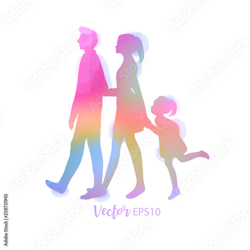 Parents having good time with their child. Happy family walking together isolated on white background. Watercolor style. Vector illustration.