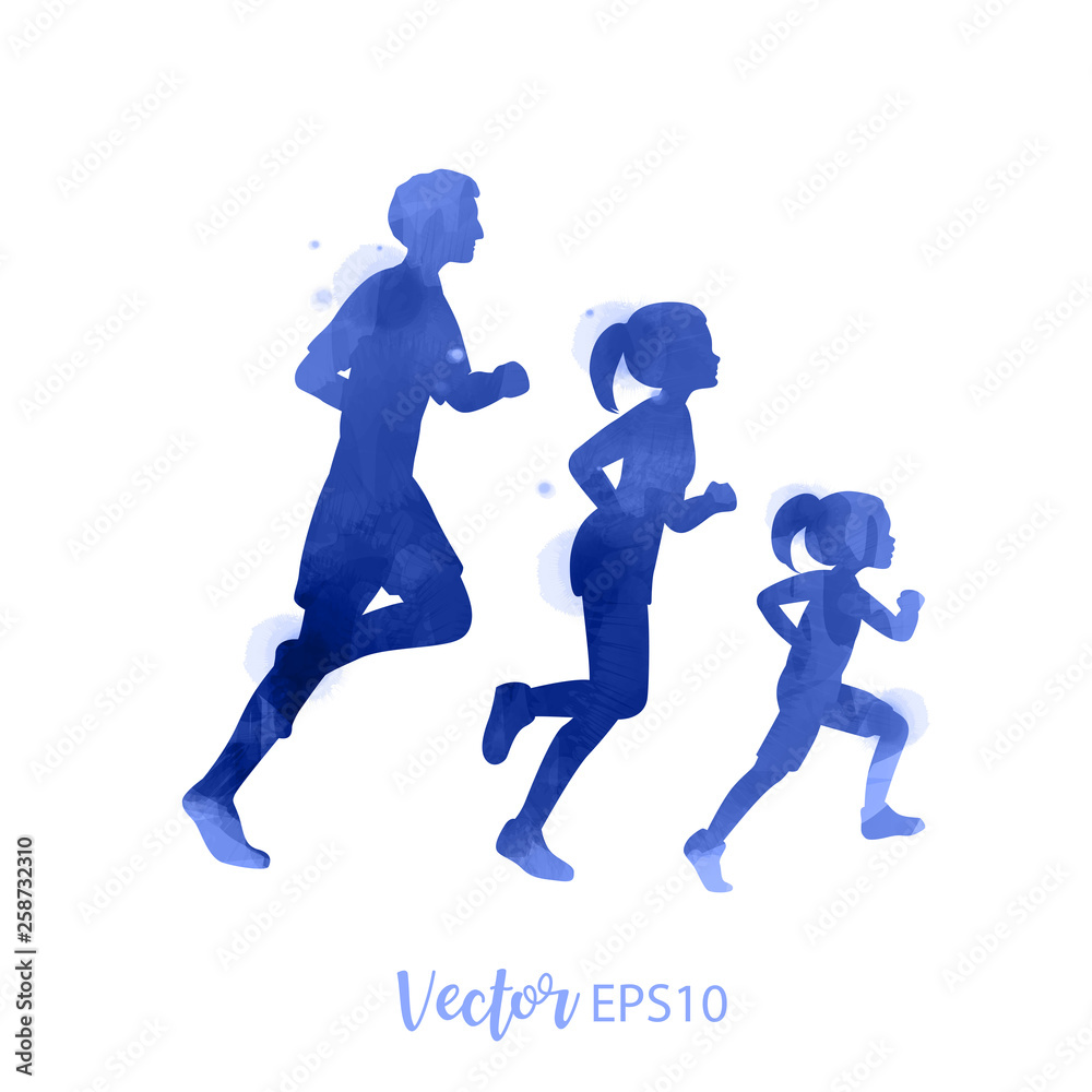 Happy family running silhouettes watercolor. Healthy life. Vector illustration.