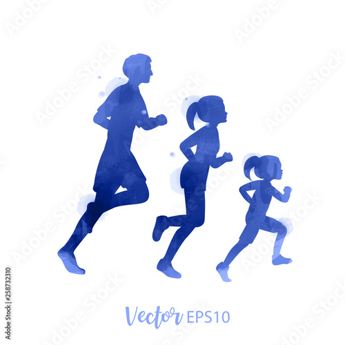 Happy family running silhouettes watercolor. Healthy life. Vector illustration.