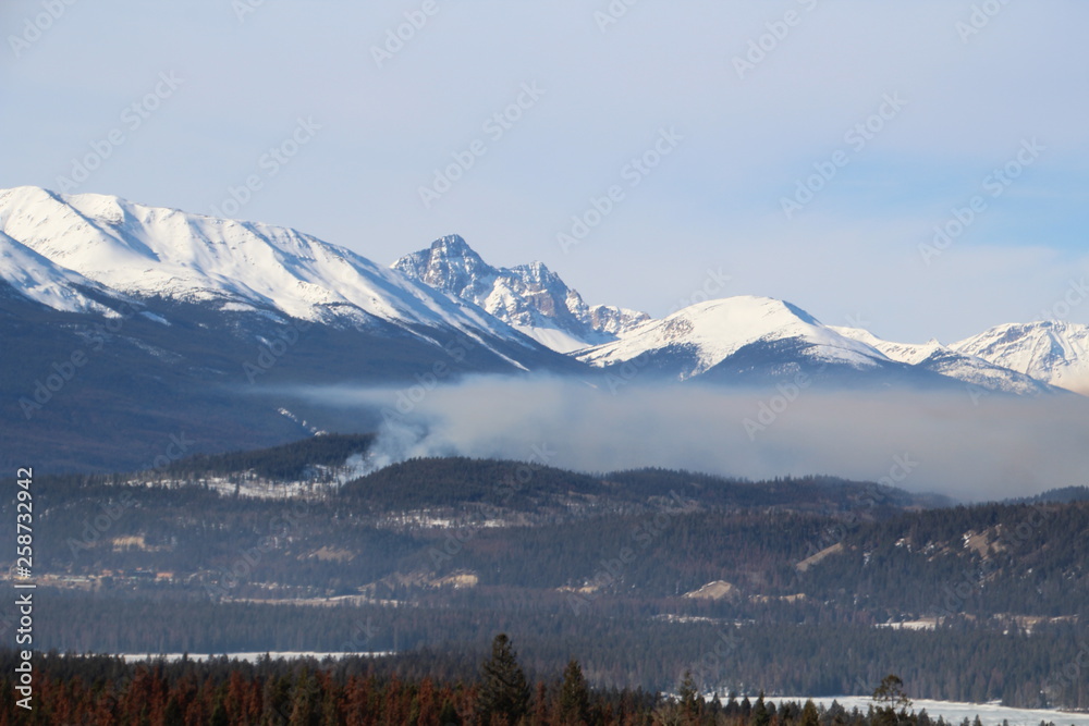 Smoke Rising Over The Mountains, Jasper National Park, Alberta