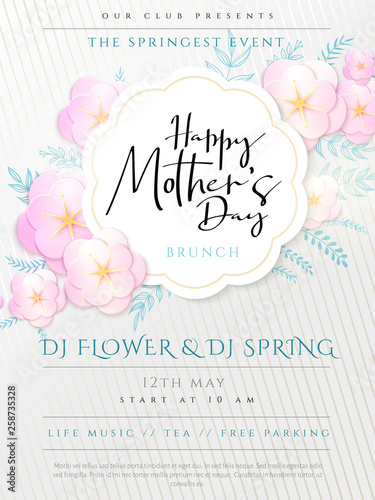 Vector illustration of mother's day invitation party poster template with paper origami spring apple flowers and hand lettering quote - happy mother's day