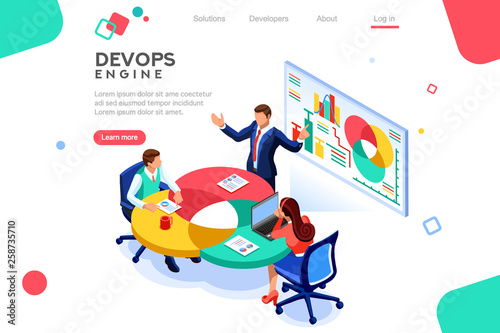 Programmer, user administrator, professional engine. Software support to build banner infographic. administration images flat technician concept, DevOps images. Isometric illustration.
