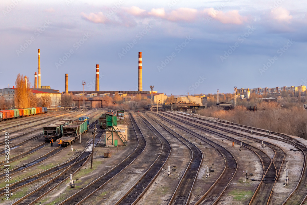 Donetsk industrial rail station. Heavy industry landscape.