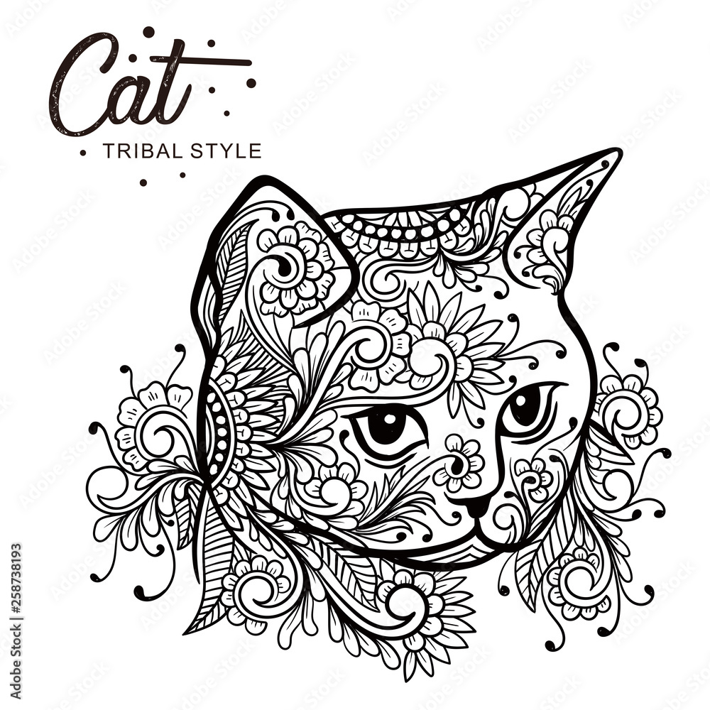 Obraz premium Cat head tribal style Hand drawn