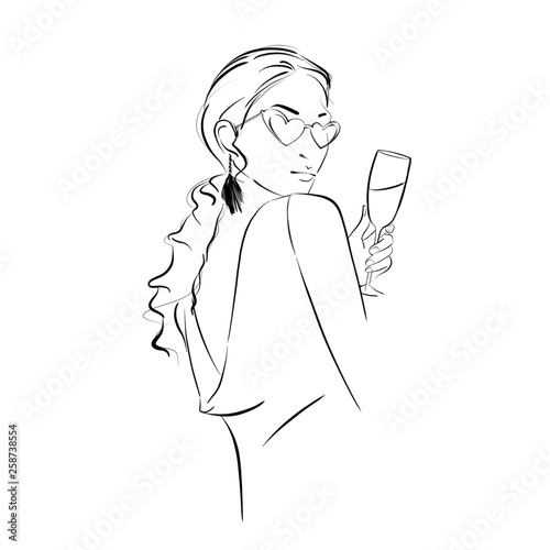 Outline sketch of a girl celebrating herself with a glass of champagne