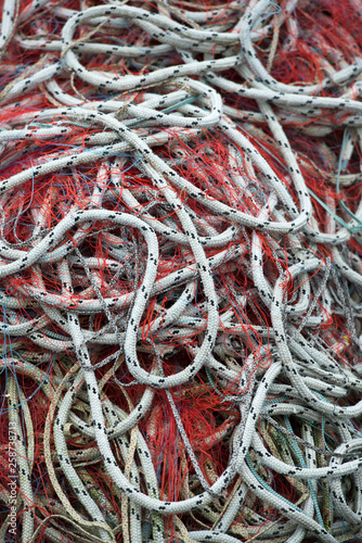 Rope with red fishing net for fish catching, fishing nets and ropes