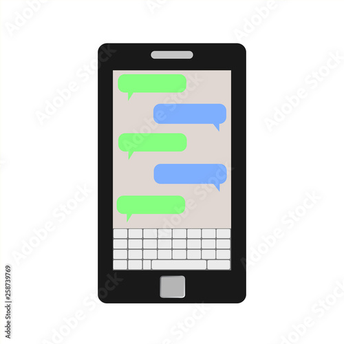 Mobile phone. Vector illustration. Social network concept. Vector. Messenger window. Chating and messaging concept. Green chat boxes. Realistic smartphone with green chat boxes.