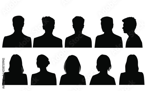 Set silhouettes of men and women, business profile avatar,  group people,black color, isolated on white background