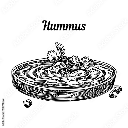 Bowl hummus with olive and parsley. Sketch. Engraving style. Vector illustration..