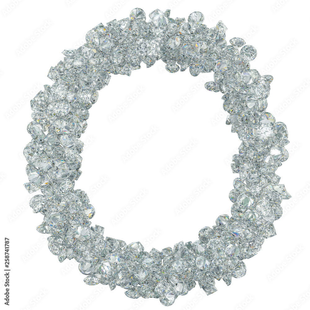 Diamond font, letter O from diamonds. 3D rendering Diamond font, letter O from diamonds. 3D rendering