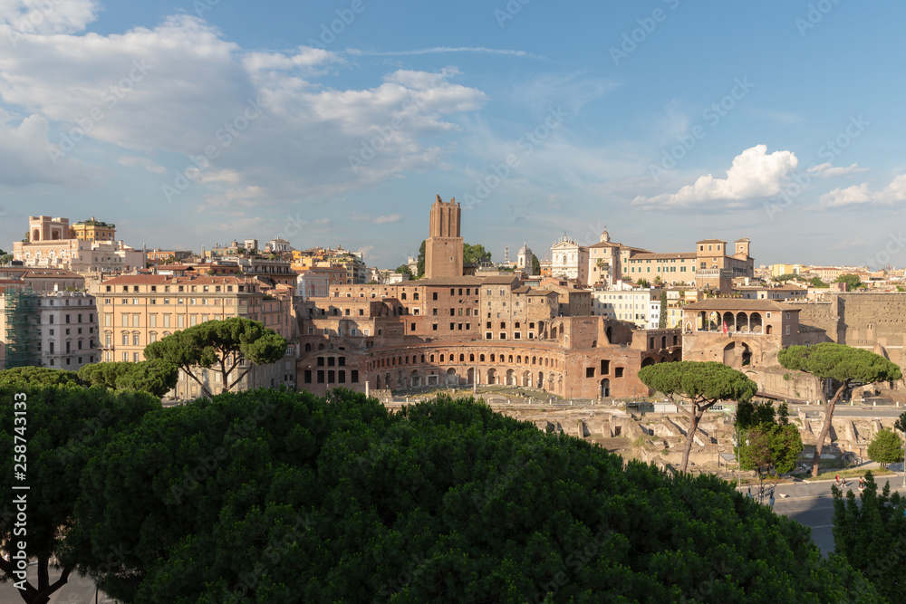Panoramic view of city Rome with Trajan's Market and Roman forum
