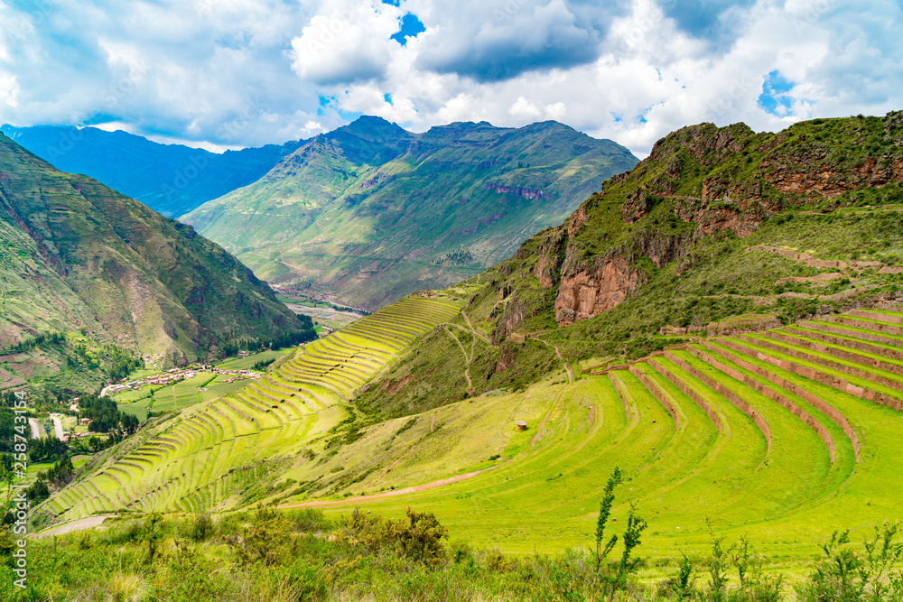 View of Inca Terrace on the mountain in Inca Sacred Valley at Pisac Peru
