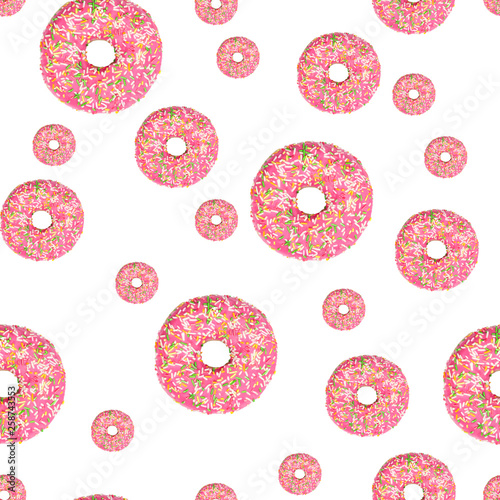 Donuts with pink glaze and colored splashes on white background. Seamless pattern