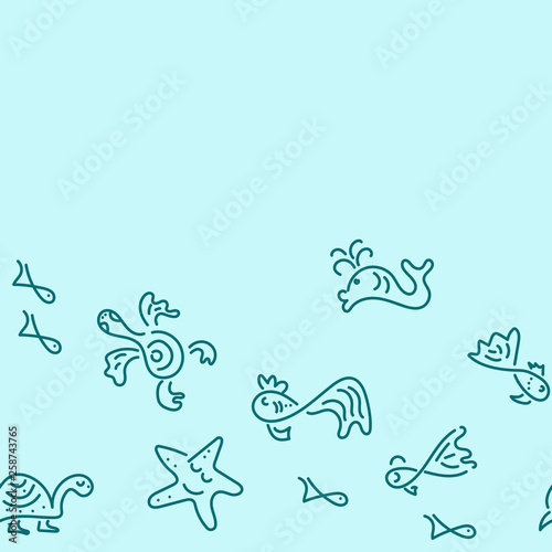 Doodle hand drawing background. Sea. Fish  sea turtles  starfish  whales. Seamless pattern  border. Vector illustration