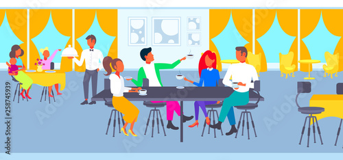 group of students drinking coffee together friends sitting at cafe table teenagers having conversation during meeting modern restaurant interior flat full length horizontal