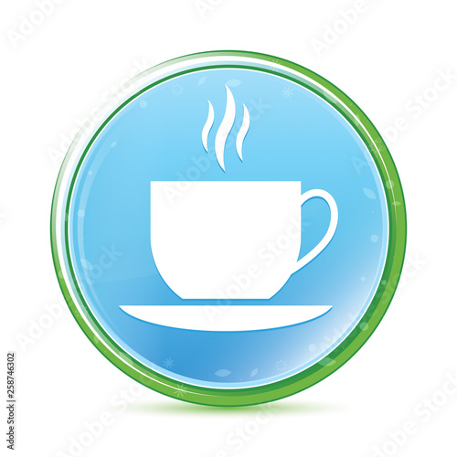 Coffee cup icon natural aqua cyan blue round button
