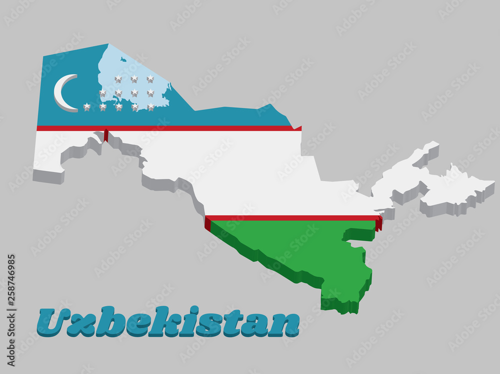 3d Map Outline And Flag Of Uzbekistan, A Horizontal Blue, White And 