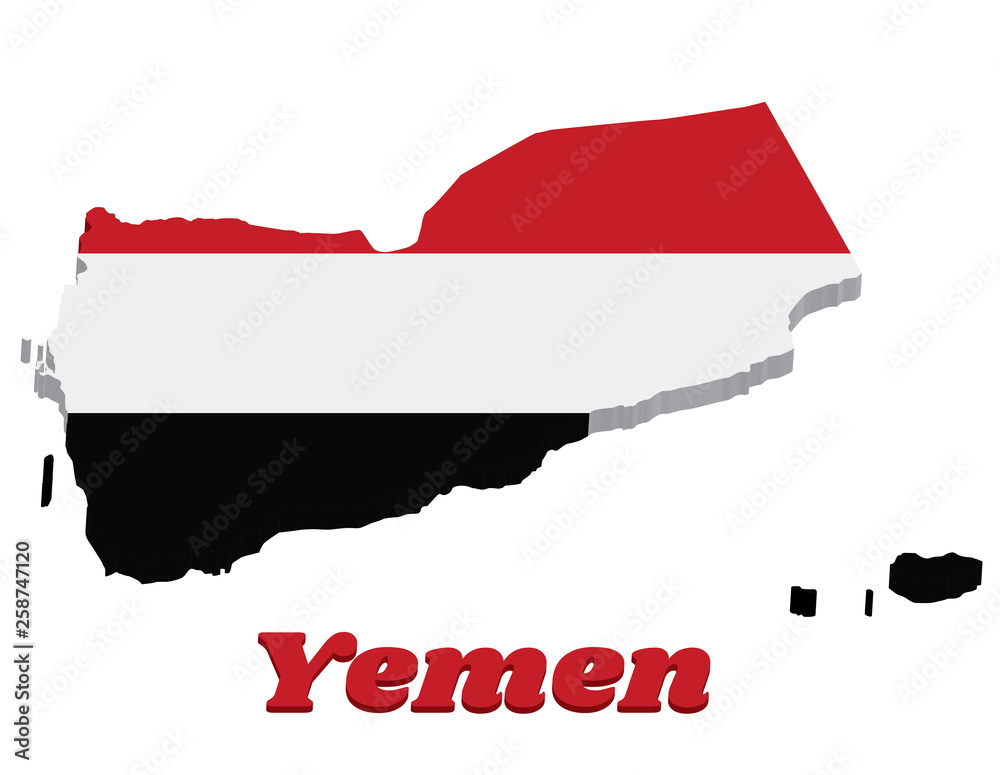 Fototapeta premium 3d Map outline and flag of Yemen, a horizontal tricolor of red, white and black.